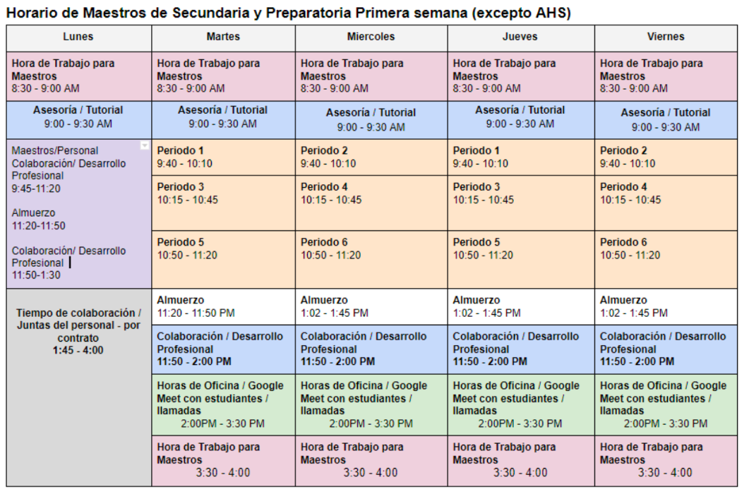 Daily Schedule Example Spanish