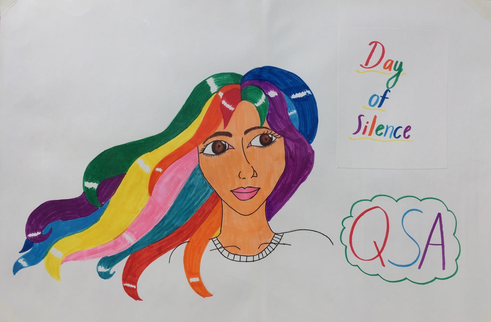Student artwork of a woman with rainbow hair 